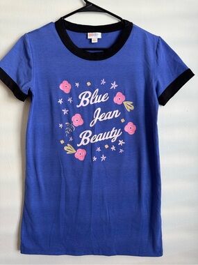 LuLaRoe Blue Tee with Black Trim and Pink Floral Graphic